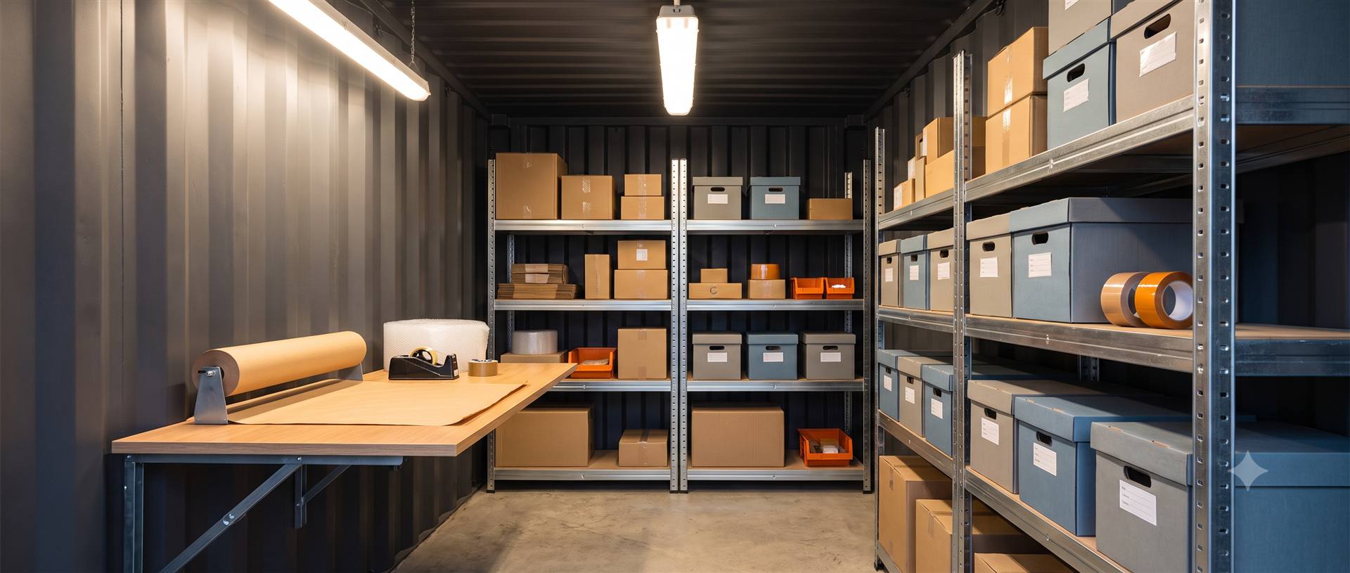 Inside a storage container fitted with shelving full of stock boxes and a packing bench with paper roll and tape