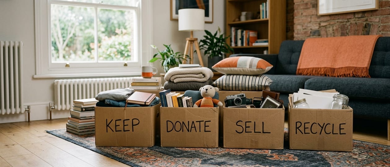 Living room with four cardboard boxes labelled Keep, Donate, Sell and Recycle