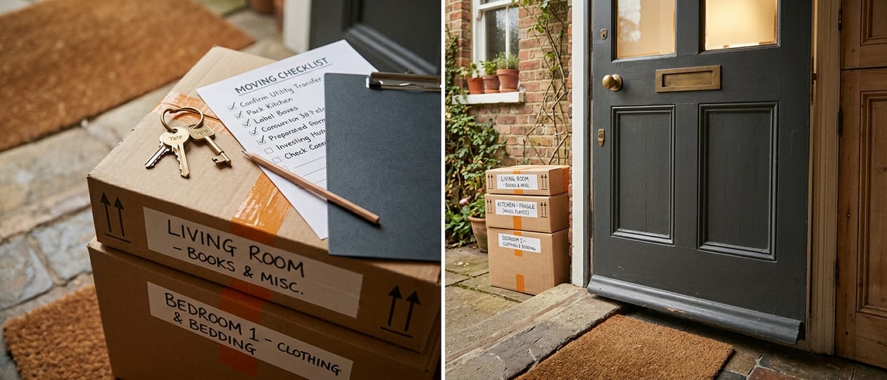 Moving checklist and house keys resting on packed boxes, and room-labelled boxes stacked by a front door