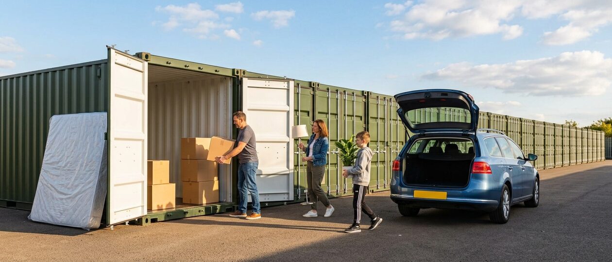 A family unloads boxes, a lamp and a plant from an estate car into an open olive green storage container in late-afternoon light.