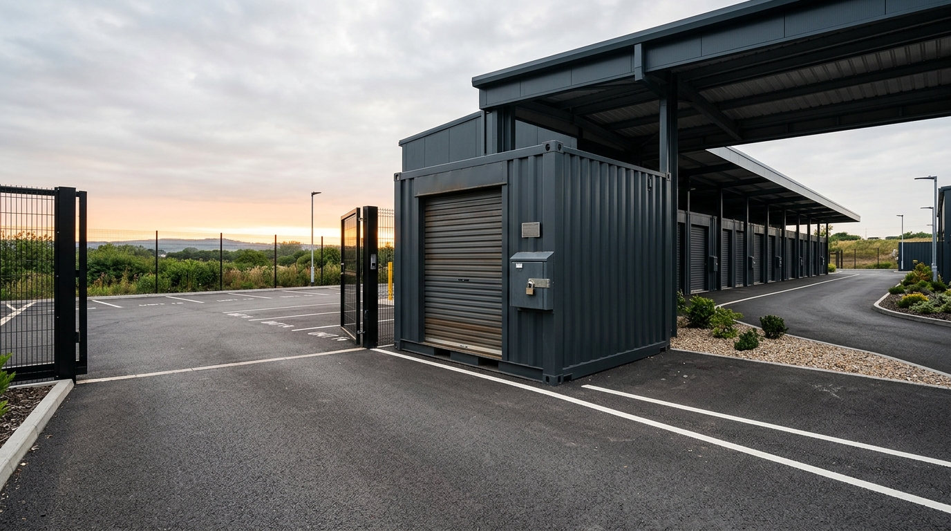 Modern secure outdoor shipping container self-storage facility with clean asphalt driveway and secure gating
