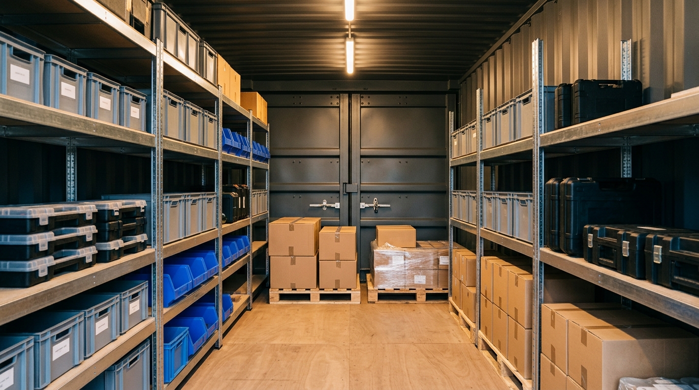 Dry, secure shipping container storage interior equipped with heavy-duty metal shelving, storage totes, and inventory on pallets
