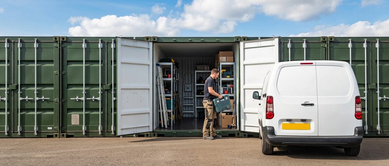 A tradesman lifts a tool case inside an open olive green storage container shelved with tools and ladders, his white van parked alongside.