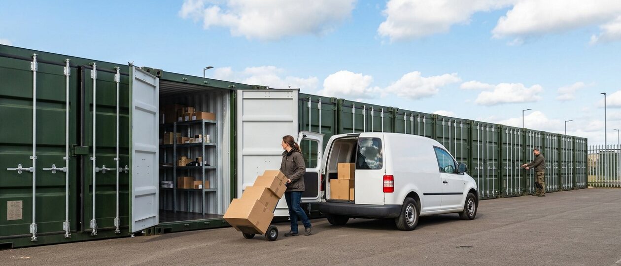 A woman wheels a sack truck of cardboard parcels from an open olive green shipping-container storage unit to a white van, in a long row of containers on a tarmac yard.