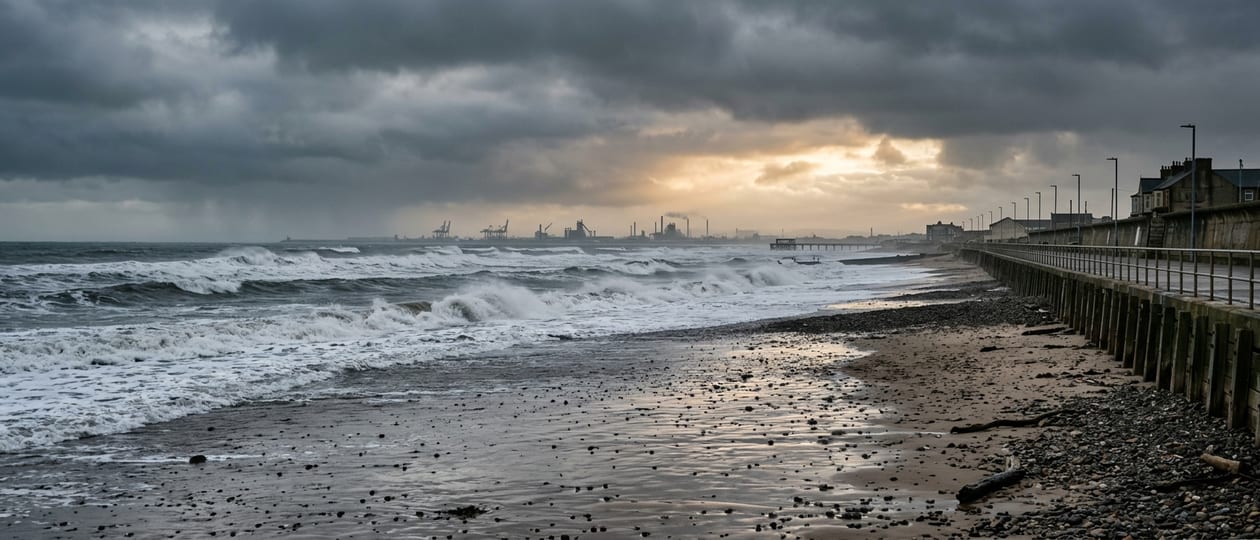 Waves breaking on Redcar beach under storm clouds, with Teesside industry and the pier on the horizon
