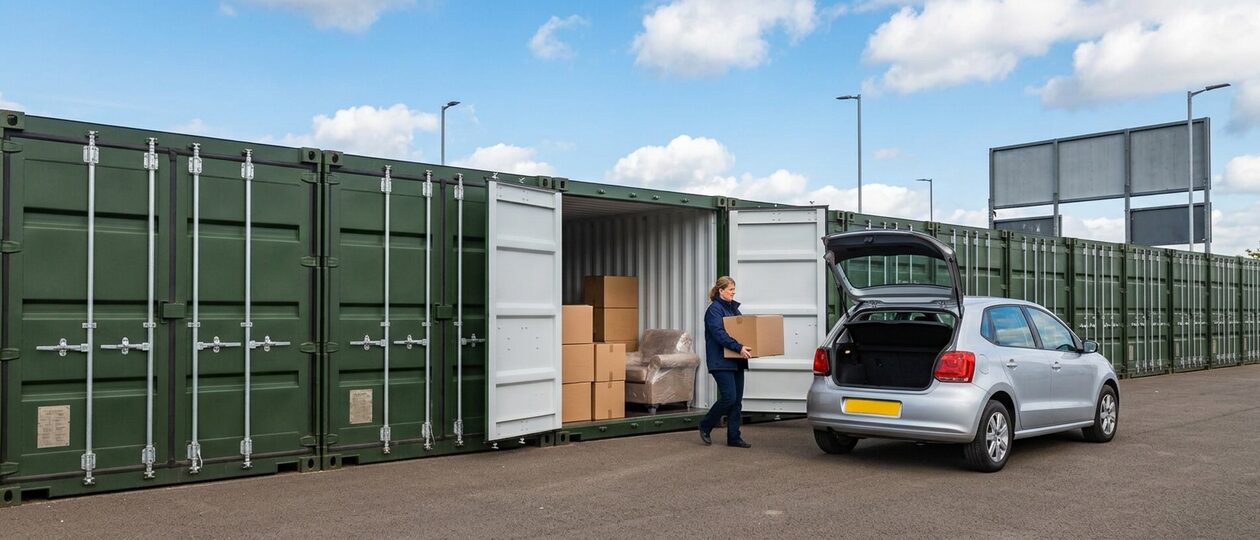 A woman carries a cardboard box from the open boot of a silver hatchback into an open olive green shipping-container storage unit, in a long row of containers on a tarmac yard.