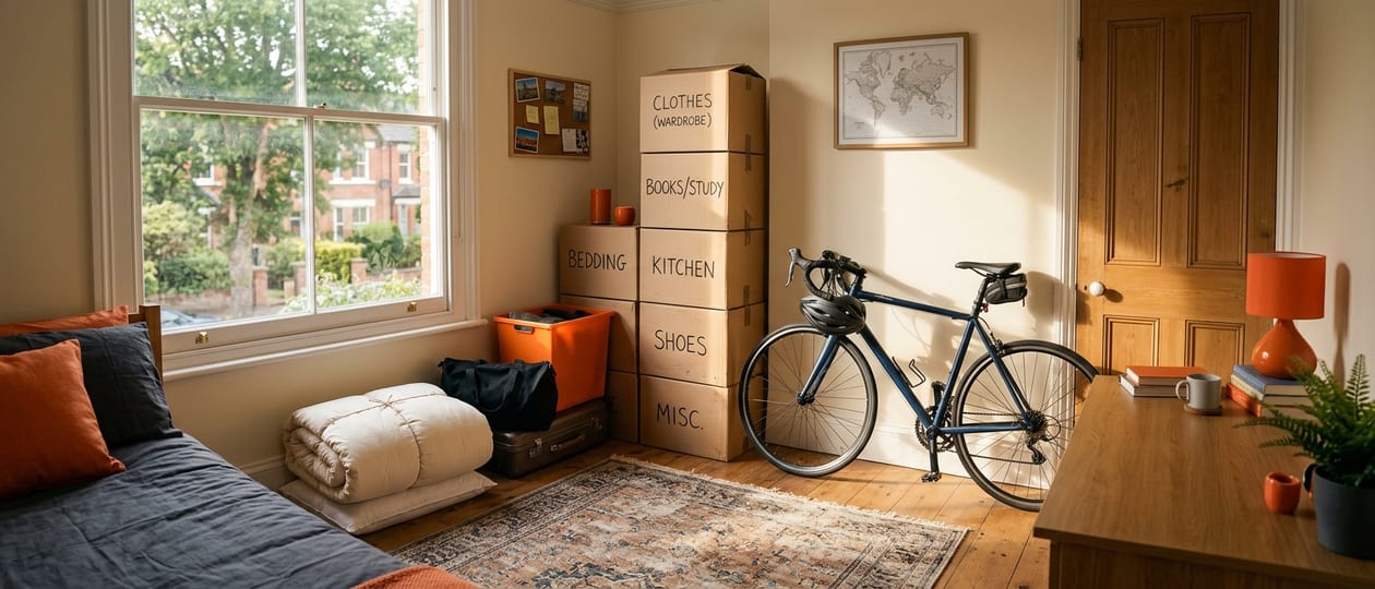 Student bedroom with moving boxes labelled by room, a road bike and a rolled-up duvet ready for the move