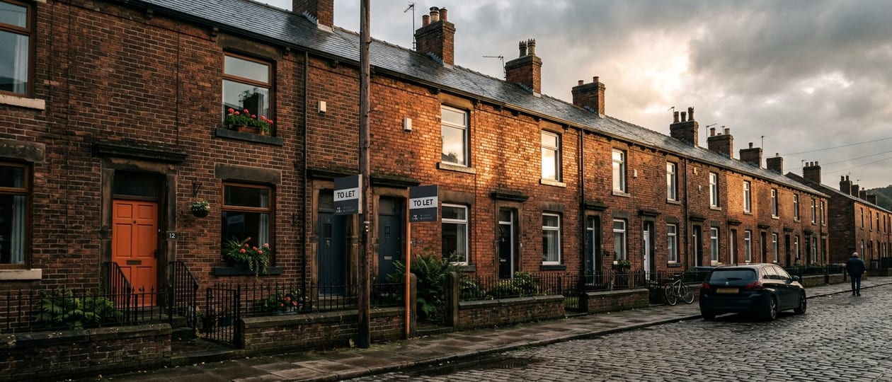 To Let signs outside red-brick terraced houses on a cobbled street