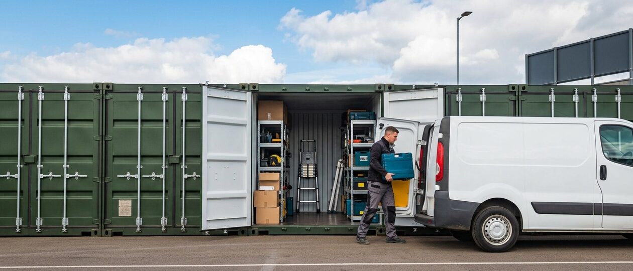 A tradesman carries a cased power tool from an open olive green shipping-container storage unit, shelved with tools and ladders, to his white van.