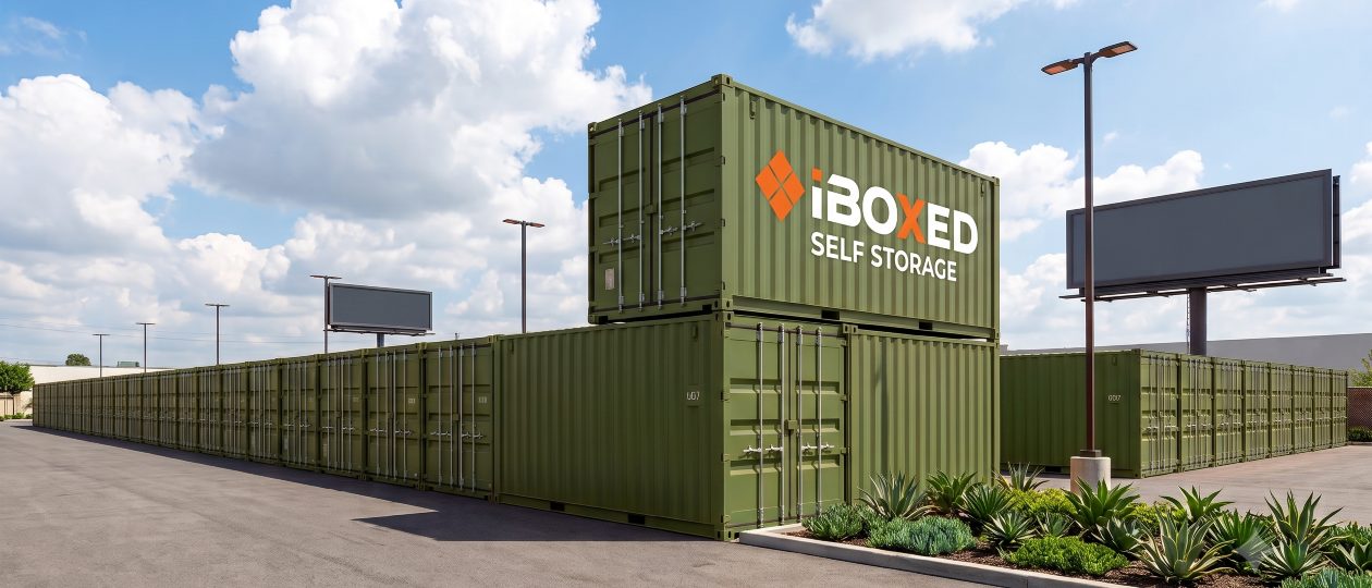 Rows of green iBOXED self-storage containers in a container yard under a blue sky